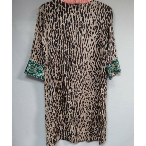 AKA New York XS Silk Brown Blend Animal Print Shift Dress 3/4 Sleeve Stretch - Picture 2 of 9